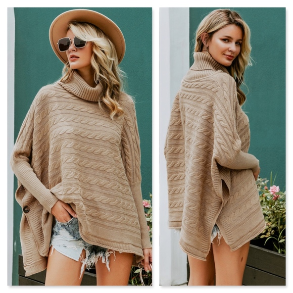 Rouge! Sweaters - Khaki Cable Knit Turtleneck Poncho